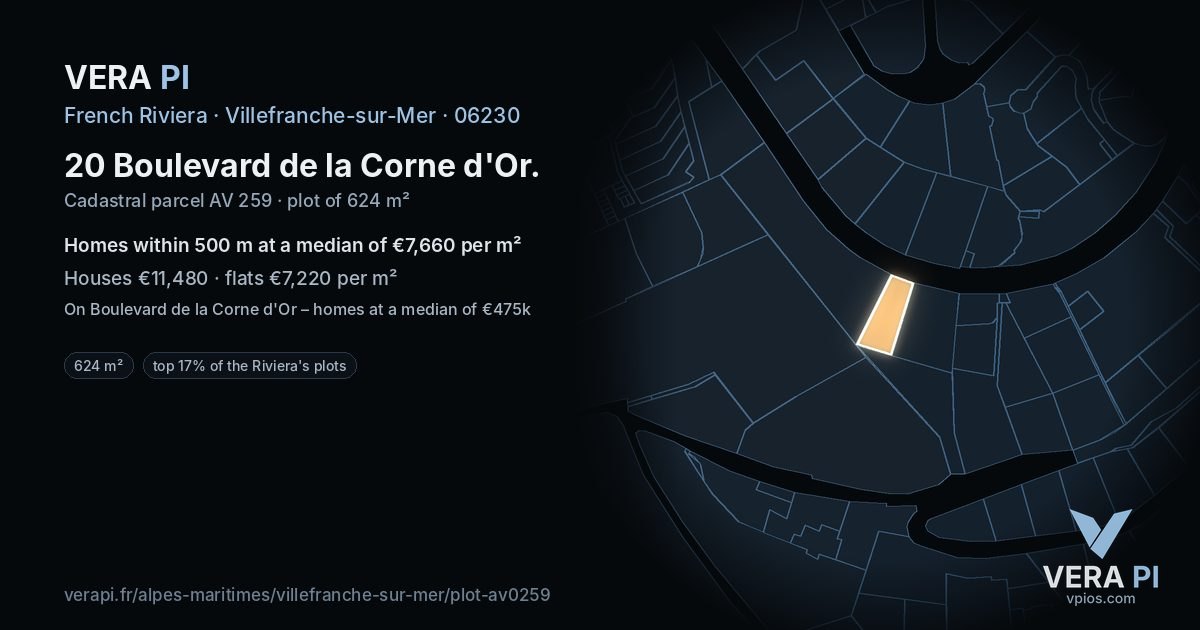 20 Boulevard de la Corne d'Or, Villefranche-sur-Mer at night – the plot lit, the parcels around coloured by the prices near them