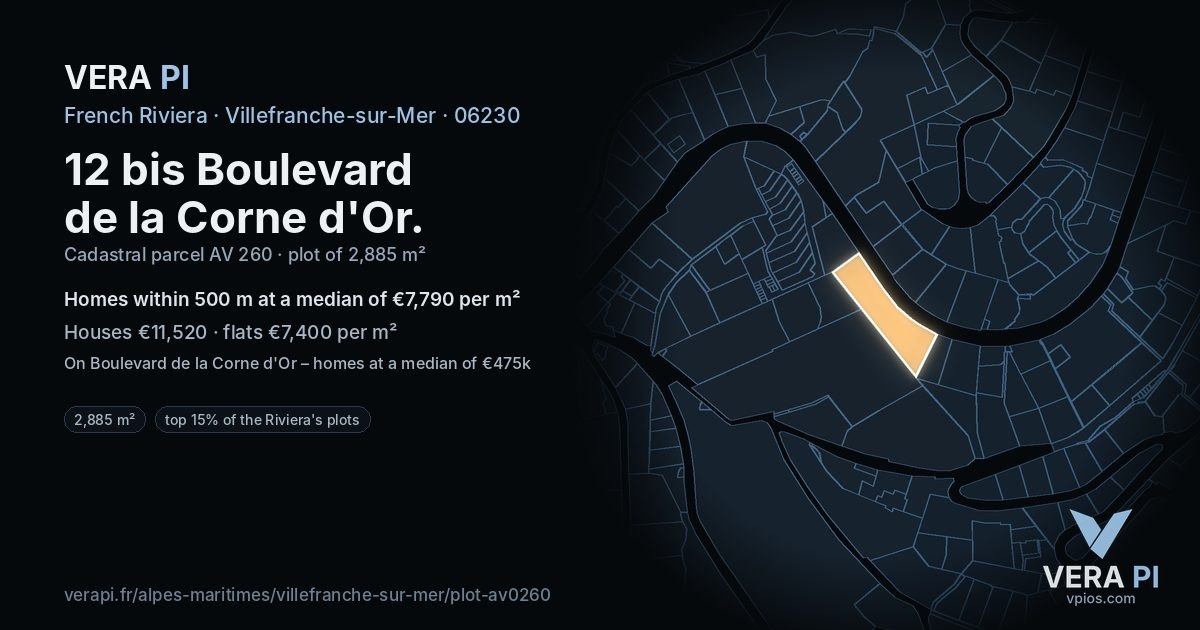 12 bis Boulevard de la Corne d'Or, Villefranche-sur-Mer at night – the plot lit, the parcels around coloured by the prices near them