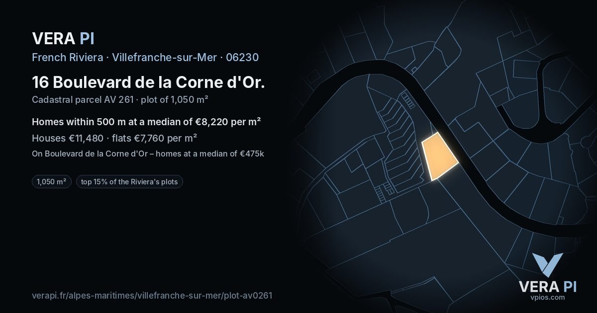 16 Boulevard de la Corne d'Or, Villefranche-sur-Mer at night – the plot lit, the parcels around coloured by the prices near them