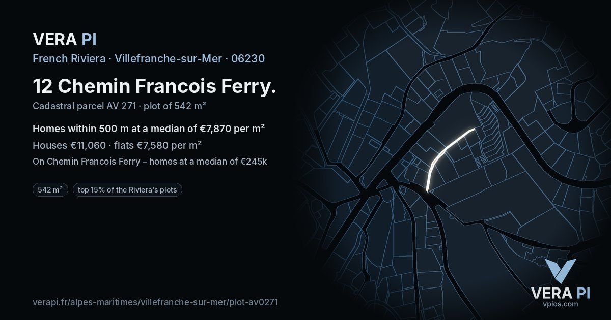 12 Chemin Francois Ferry, Villefranche-sur-Mer at night – the plot lit, the parcels around coloured by the prices near them