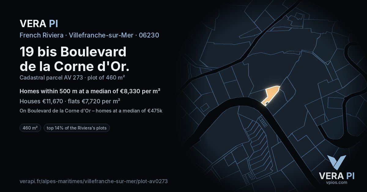 19 bis Boulevard de la Corne d'Or, Villefranche-sur-Mer at night – the plot lit, the parcels around coloured by the prices near them