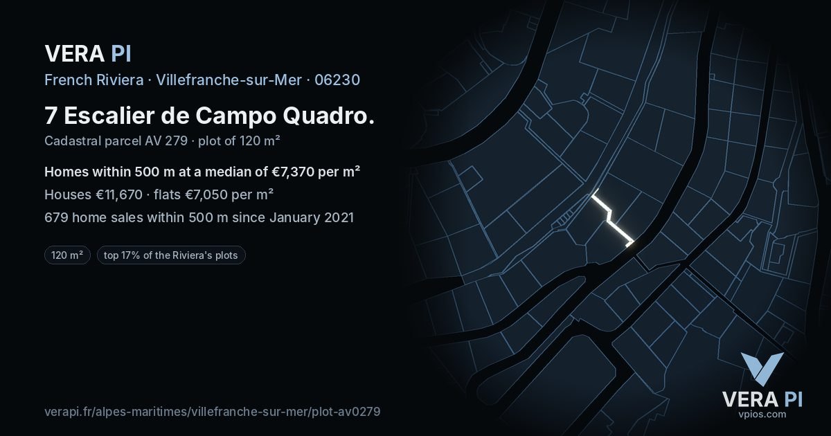 7 Escalier de Campo Quadro, Villefranche-sur-Mer at night – the plot lit, the parcels around coloured by the prices near them