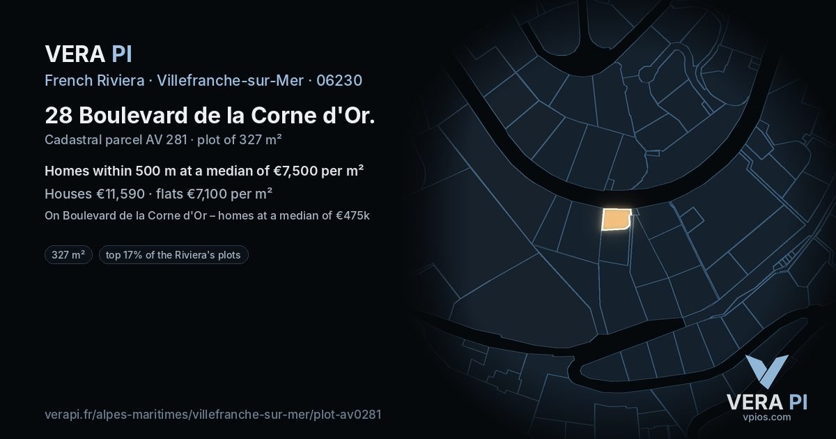 28 Boulevard de la Corne d'Or, Villefranche-sur-Mer at night – the plot lit, the parcels around coloured by the prices near them