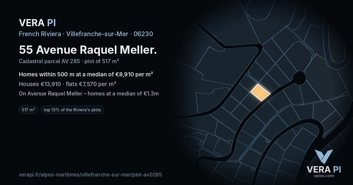 55 Avenue Raquel Meller, Villefranche-sur-Mer at night – the plot lit, the parcels around coloured by the prices near them