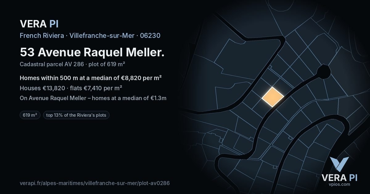 53 Avenue Raquel Meller, Villefranche-sur-Mer at night – the plot lit, the parcels around coloured by the prices near them