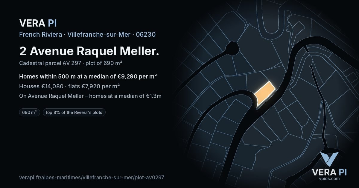 2 Avenue Raquel Meller, Villefranche-sur-Mer at night – the plot lit, the parcels around coloured by the prices near them