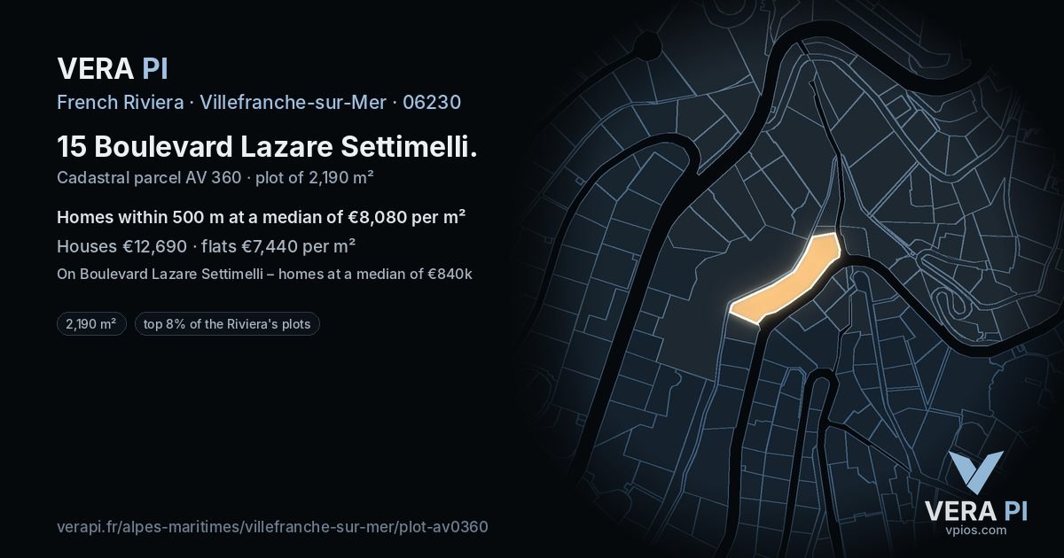 15 Boulevard Lazare Settimelli, Villefranche-sur-Mer at night – the plot lit, the parcels around coloured by the prices near them