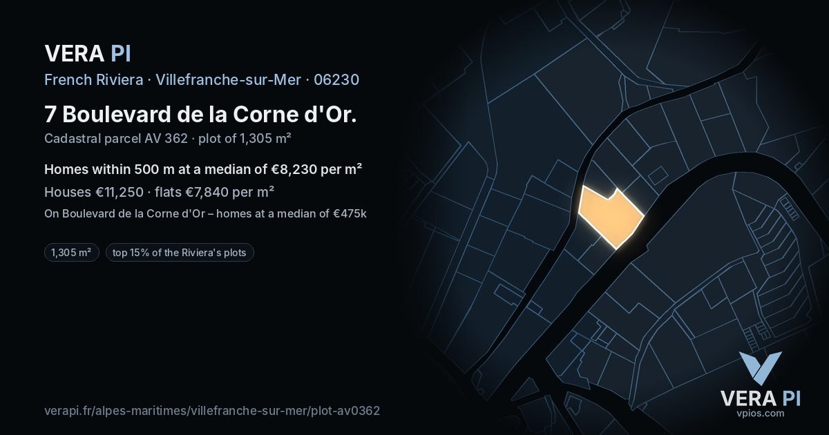 7 Boulevard de la Corne d'Or, Villefranche-sur-Mer at night – the plot lit, the parcels around coloured by the prices near them