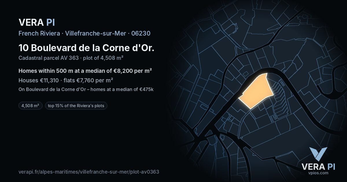 10 Boulevard de la Corne d'Or, Villefranche-sur-Mer at night – the plot lit, the parcels around coloured by the prices near them
