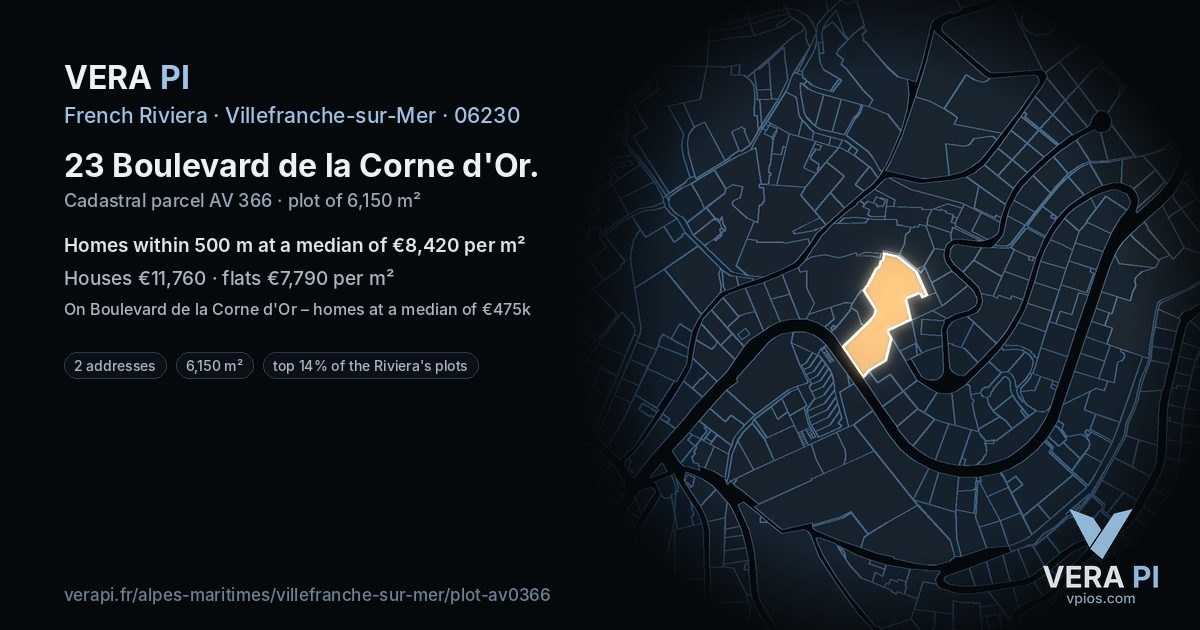 23 Boulevard de la Corne d'Or, Villefranche-sur-Mer at night – the plot lit, the parcels around coloured by the prices near them