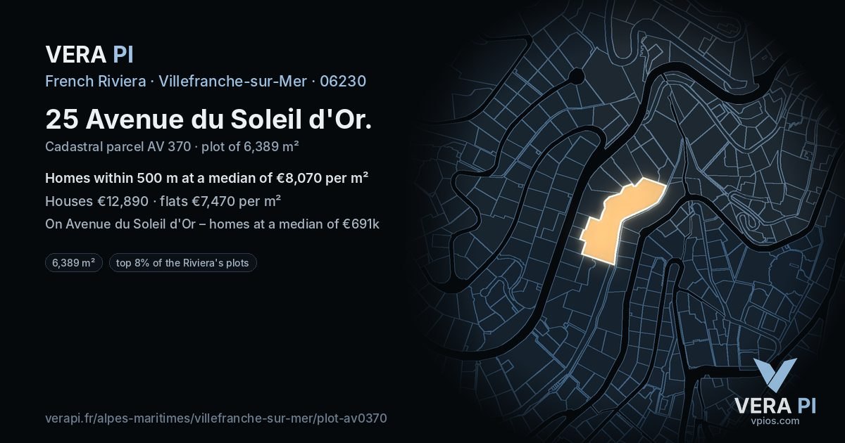 25 Avenue du Soleil d'Or, Villefranche-sur-Mer at night – the plot lit, the parcels around coloured by the prices near them