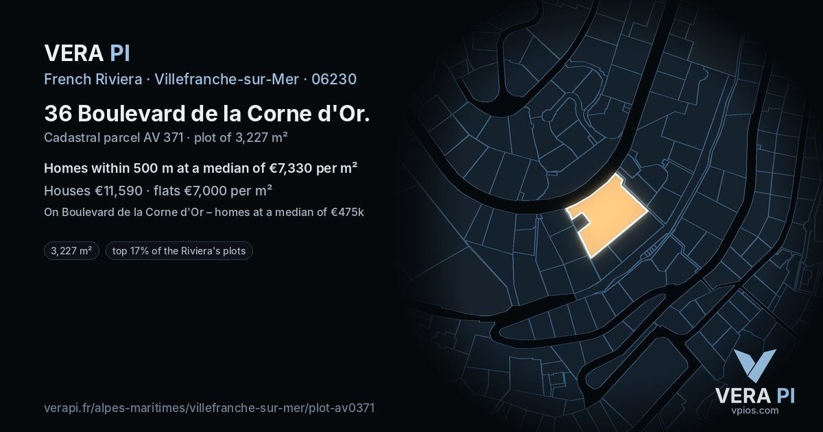 36 Boulevard de la Corne d'Or, Villefranche-sur-Mer at night – the plot lit, the parcels around coloured by the prices near them
