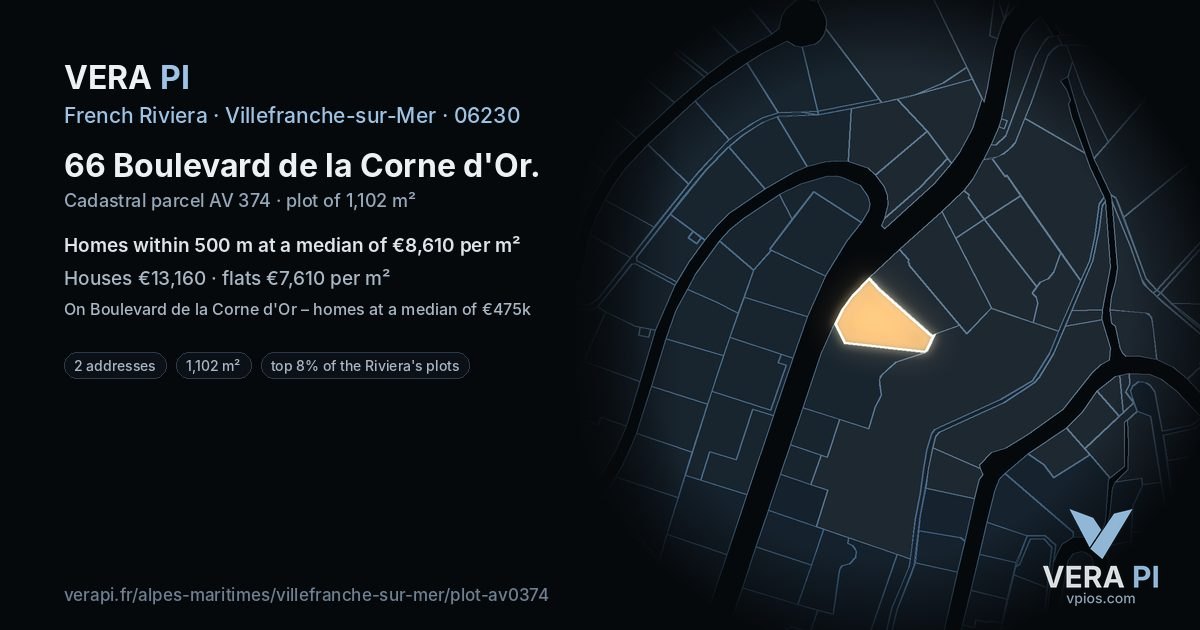 66 Boulevard de la Corne d'Or, Villefranche-sur-Mer at night – the plot lit, the parcels around coloured by the prices near them