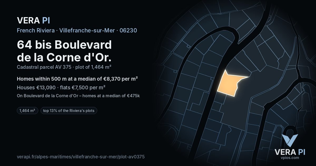 64 bis Boulevard de la Corne d'Or, Villefranche-sur-Mer at night – the plot lit, the parcels around coloured by the prices near them