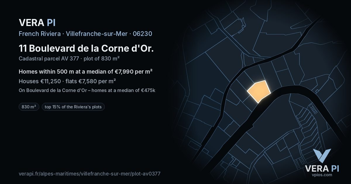 11 Boulevard de la Corne d'Or, Villefranche-sur-Mer at night – the plot lit, the parcels around coloured by the prices near them