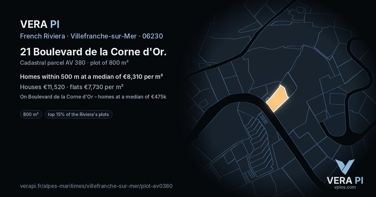 21 Boulevard de la Corne d'Or, Villefranche-sur-Mer at night – the plot lit, the parcels around coloured by the prices near them