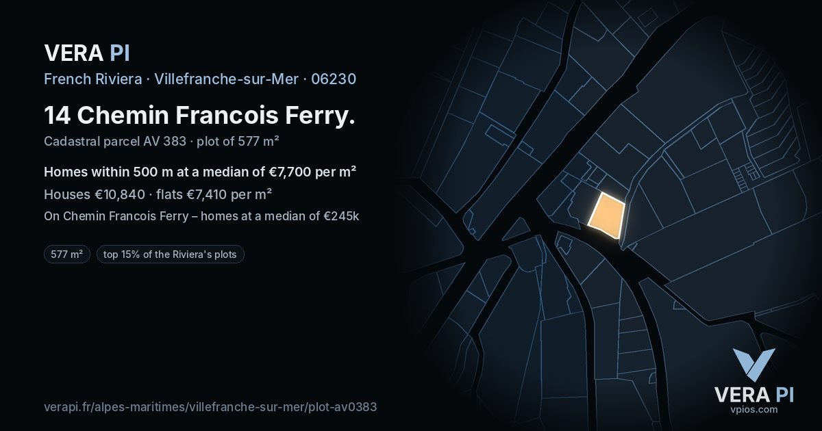 14 Chemin Francois Ferry, Villefranche-sur-Mer at night – the plot lit, the parcels around coloured by the prices near them