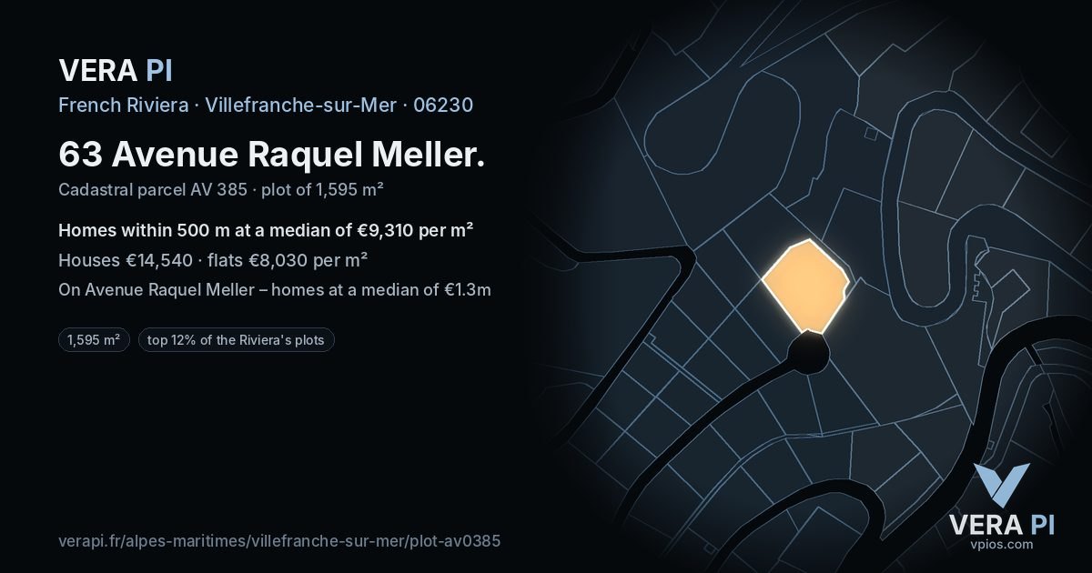63 Avenue Raquel Meller, Villefranche-sur-Mer at night – the plot lit, the parcels around coloured by the prices near them