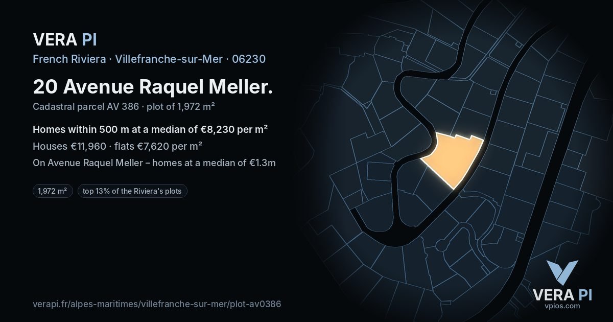20 Avenue Raquel Meller, Villefranche-sur-Mer at night – the plot lit, the parcels around coloured by the prices near them