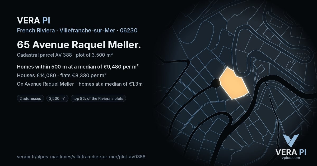 65 Avenue Raquel Meller, Villefranche-sur-Mer at night – the plot lit, the parcels around coloured by the prices near them
