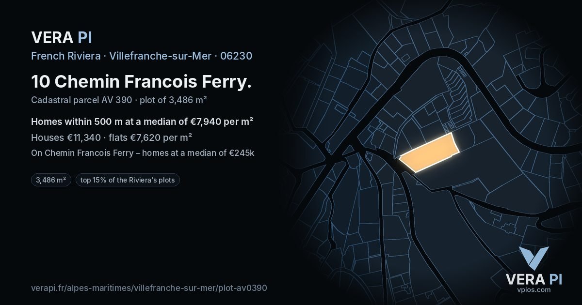 10 Chemin Francois Ferry, Villefranche-sur-Mer at night – the plot lit, the parcels around coloured by the prices near them