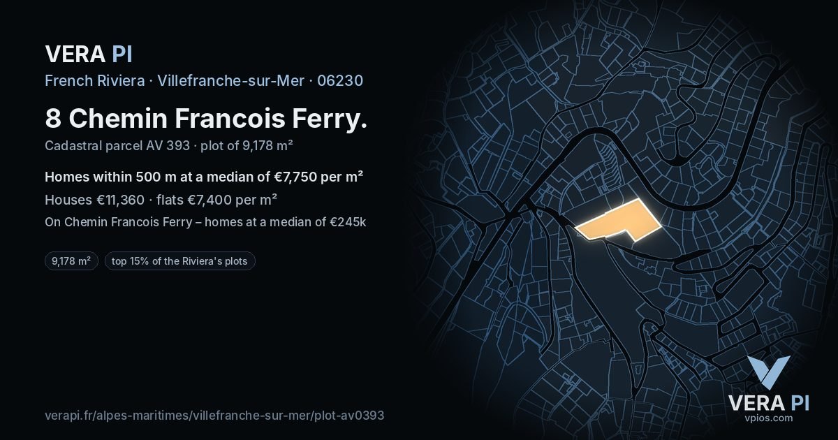 8 Chemin Francois Ferry, Villefranche-sur-Mer at night – the plot lit, the parcels around coloured by the prices near them