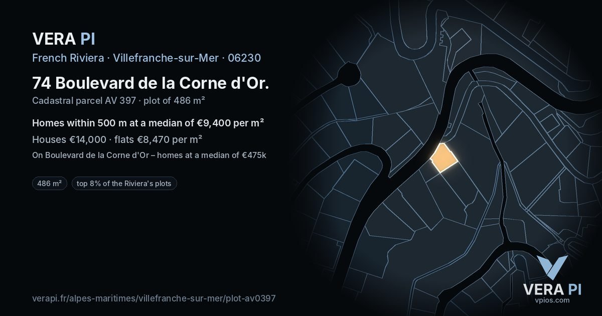 74 Boulevard de la Corne d'Or, Villefranche-sur-Mer at night – the plot lit, the parcels around coloured by the prices near them