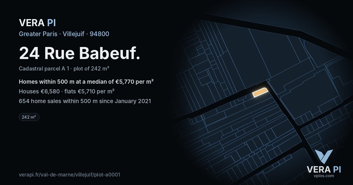 24 Rue Babeuf, Villejuif at night – the plot lit, the parcels around coloured by the prices near them