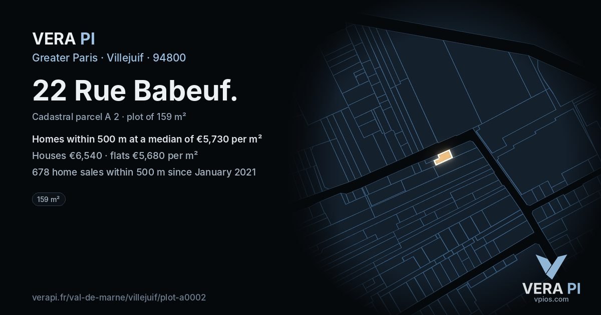 22 Rue Babeuf, Villejuif at night – the plot lit, the parcels around coloured by the prices near them