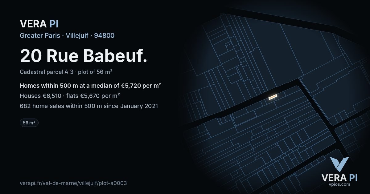 20 Rue Babeuf, Villejuif at night – the plot lit, the parcels around coloured by the prices near them