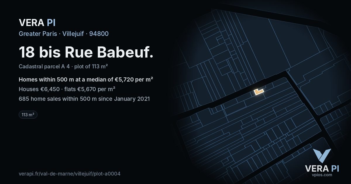 18 bis Rue Babeuf, Villejuif at night – the plot lit, the parcels around coloured by the prices near them
