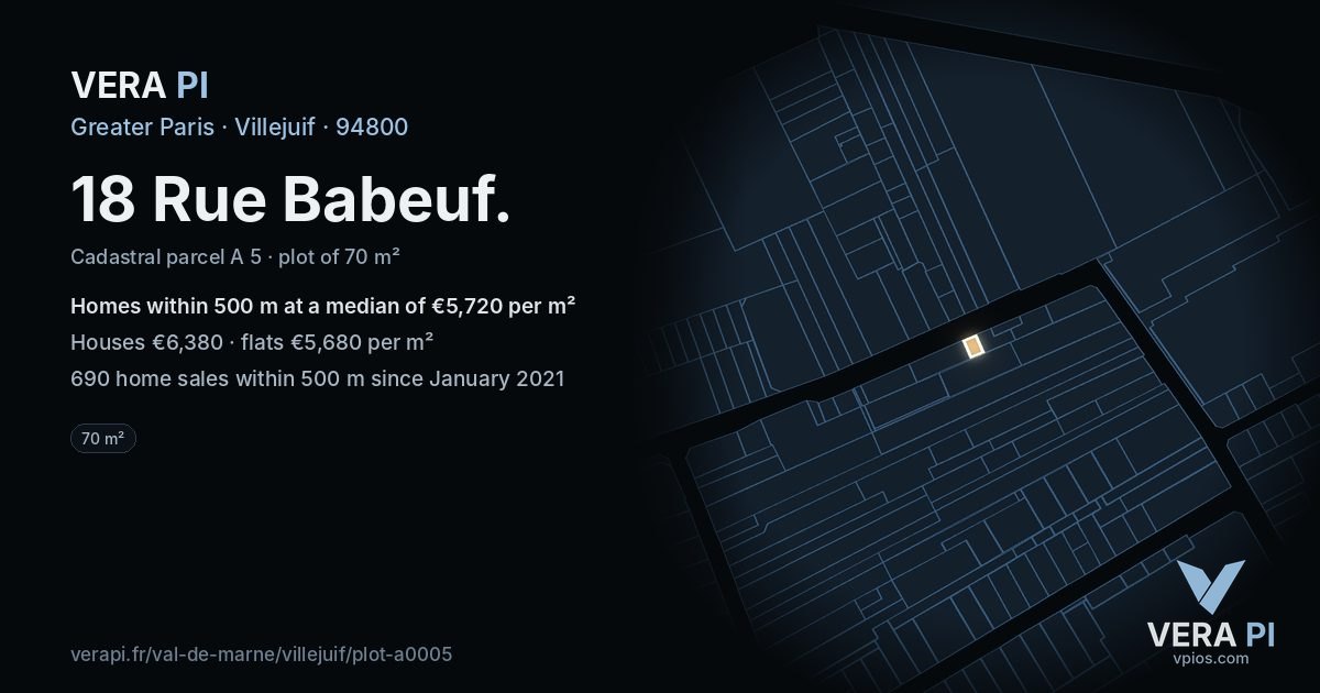 18 Rue Babeuf, Villejuif at night – the plot lit, the parcels around coloured by the prices near them