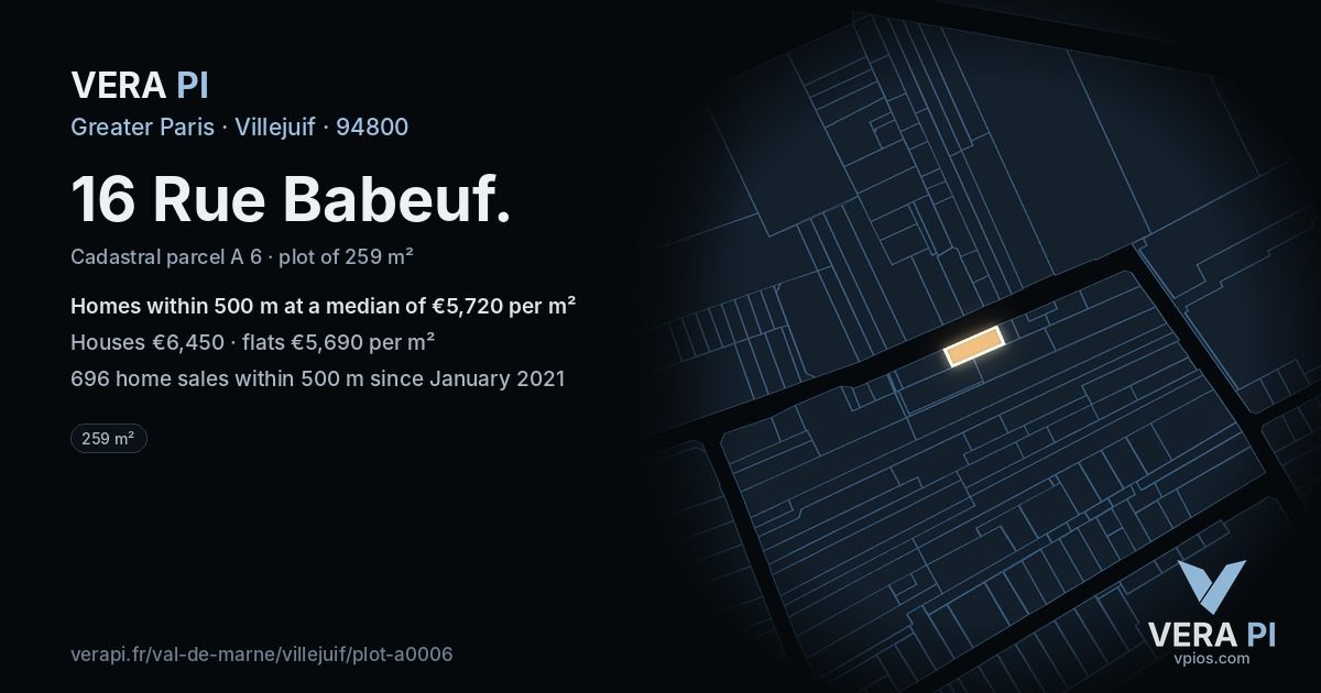 16 Rue Babeuf, Villejuif at night – the plot lit, the parcels around coloured by the prices near them