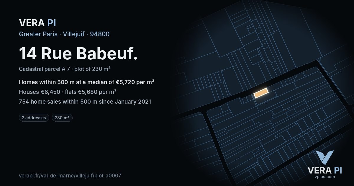 14 Rue Babeuf, Villejuif at night – the plot lit, the parcels around coloured by the prices near them