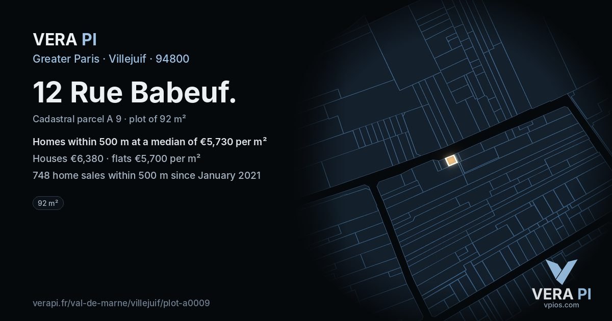 12 Rue Babeuf, Villejuif at night – the plot lit, the parcels around coloured by the prices near them