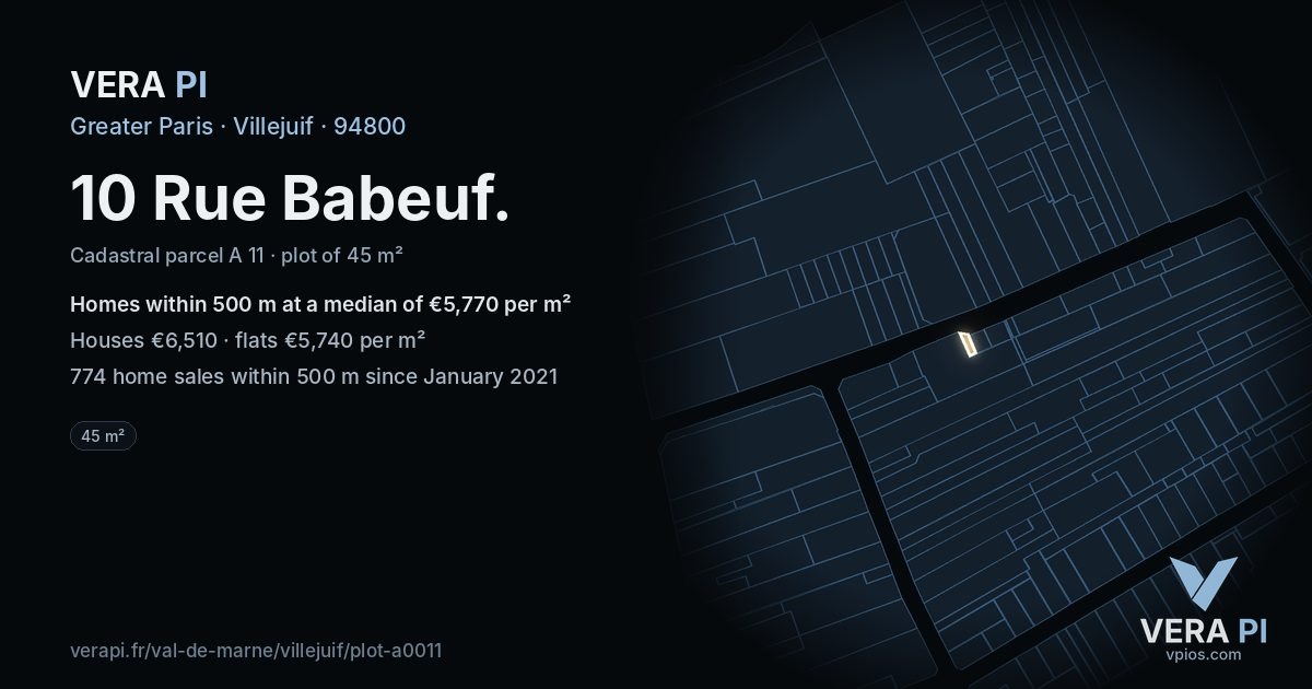 10 Rue Babeuf, Villejuif at night – the plot lit, the parcels around coloured by the prices near them