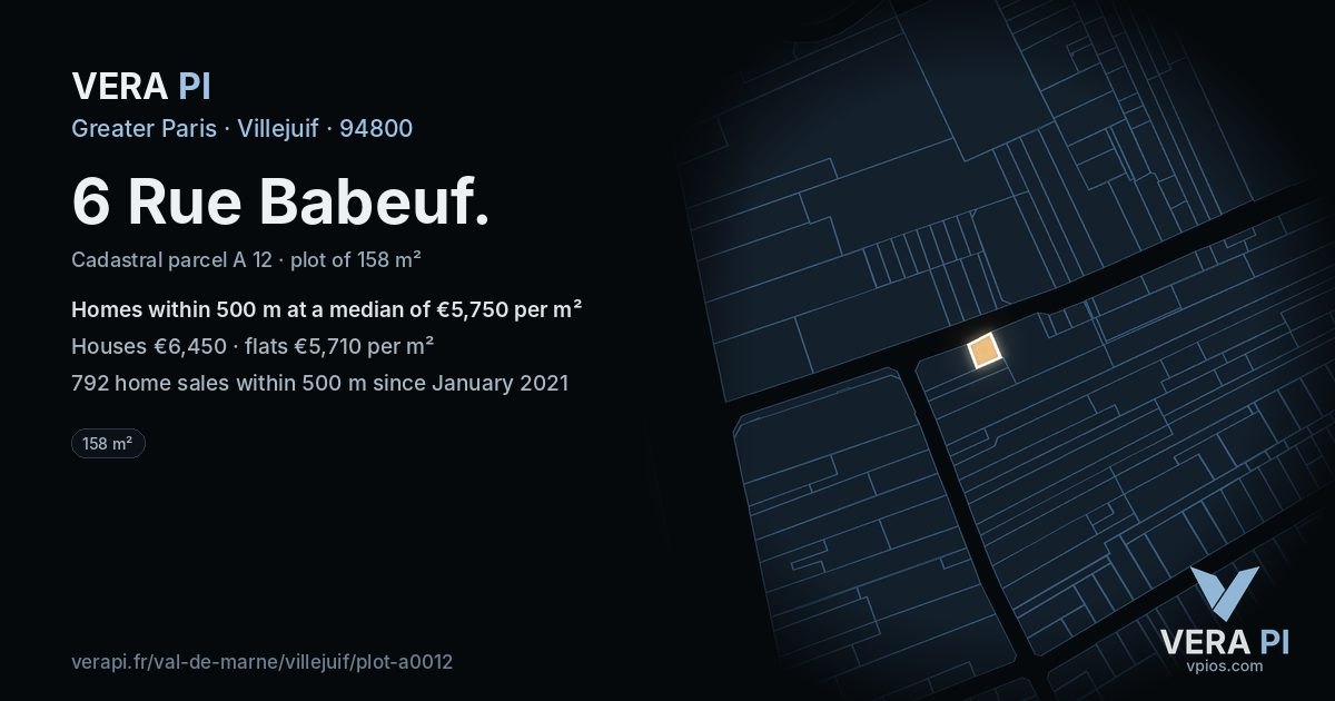 6 Rue Babeuf, Villejuif at night – the plot lit, the parcels around coloured by the prices near them