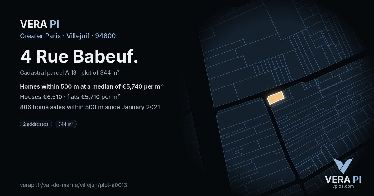 4 Rue Babeuf, Villejuif at night – the plot lit, the parcels around coloured by the prices near them
