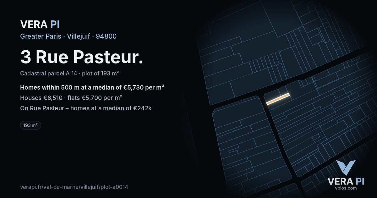 3 Rue Pasteur, Villejuif at night – the plot lit, the parcels around coloured by the prices near them