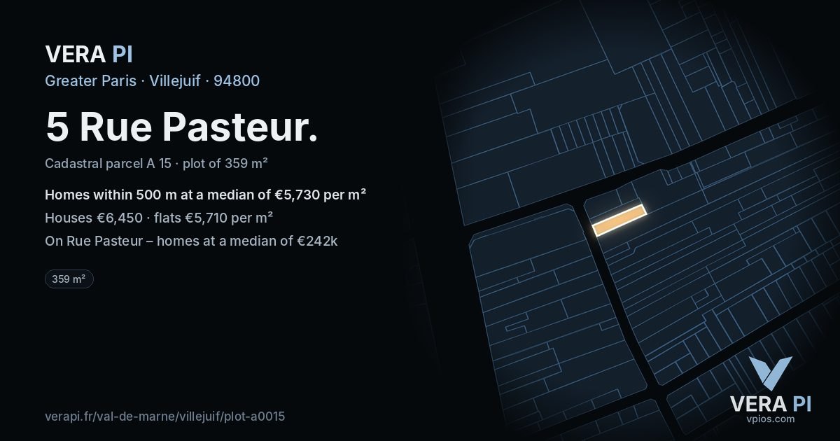 5 Rue Pasteur, Villejuif at night – the plot lit, the parcels around coloured by the prices near them