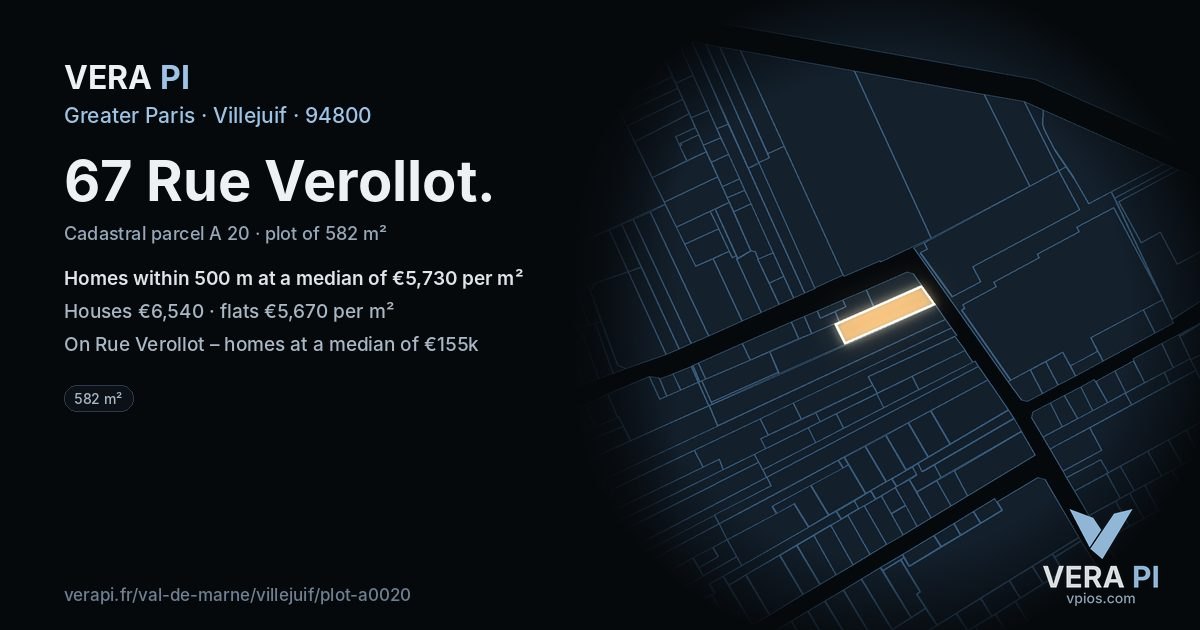 67 Rue Verollot, Villejuif at night – the plot lit, the parcels around coloured by the prices near them