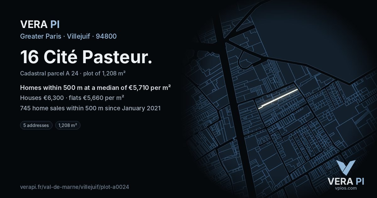 16 Cité Pasteur, Villejuif at night – the plot lit, the parcels around coloured by the prices near them