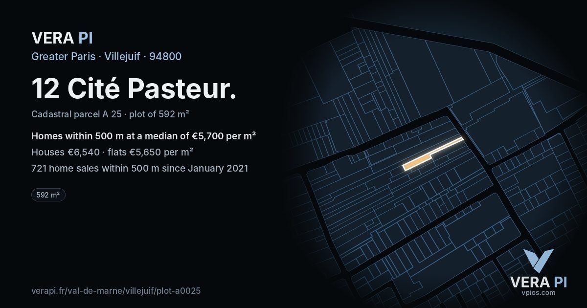 12 Cité Pasteur, Villejuif at night – the plot lit, the parcels around coloured by the prices near them