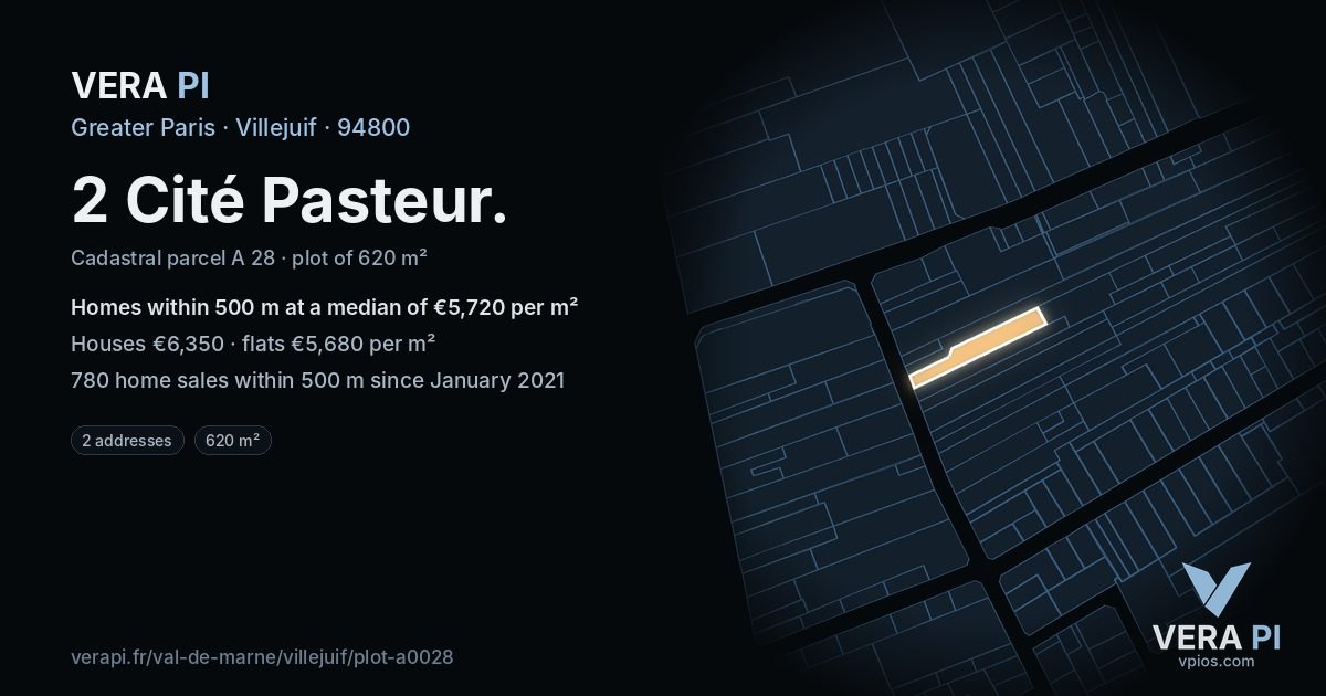 2 Cité Pasteur, Villejuif at night – the plot lit, the parcels around coloured by the prices near them