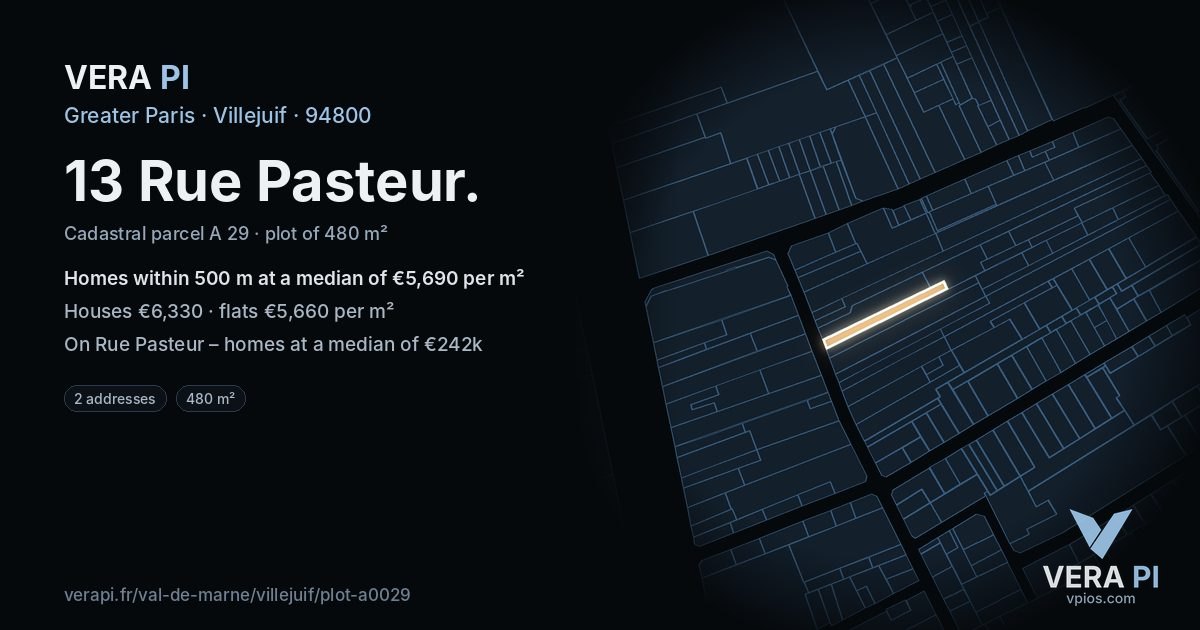 13 Rue Pasteur, Villejuif at night – the plot lit, the parcels around coloured by the prices near them