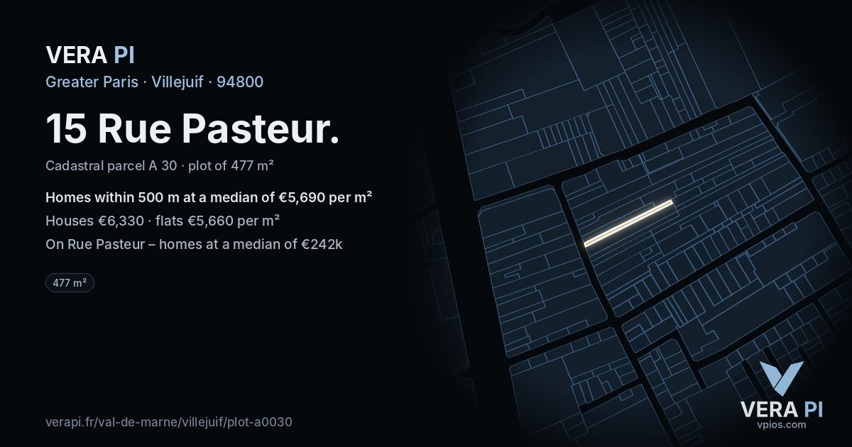 15 Rue Pasteur, Villejuif at night – the plot lit, the parcels around coloured by the prices near them