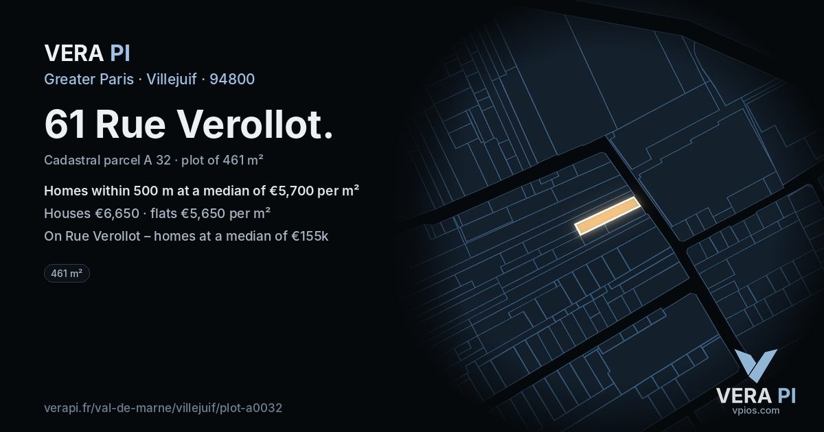 61 Rue Verollot, Villejuif at night – the plot lit, the parcels around coloured by the prices near them