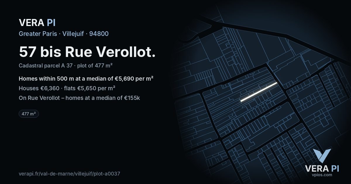57 bis Rue Verollot, Villejuif at night – the plot lit, the parcels around coloured by the prices near them