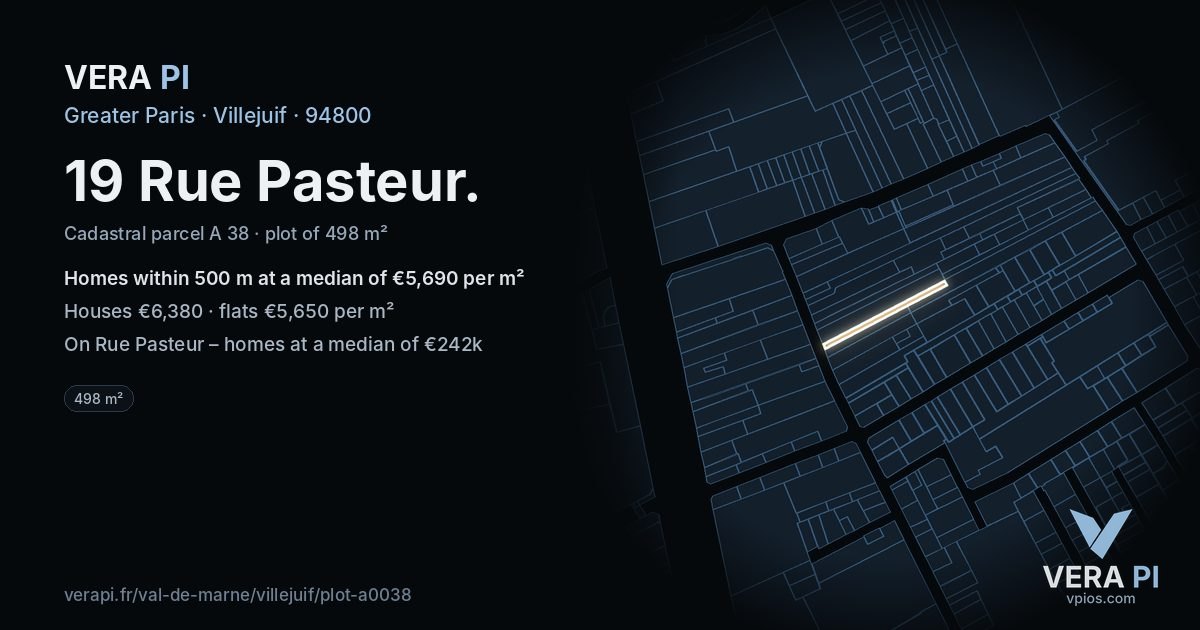 19 Rue Pasteur, Villejuif at night – the plot lit, the parcels around coloured by the prices near them