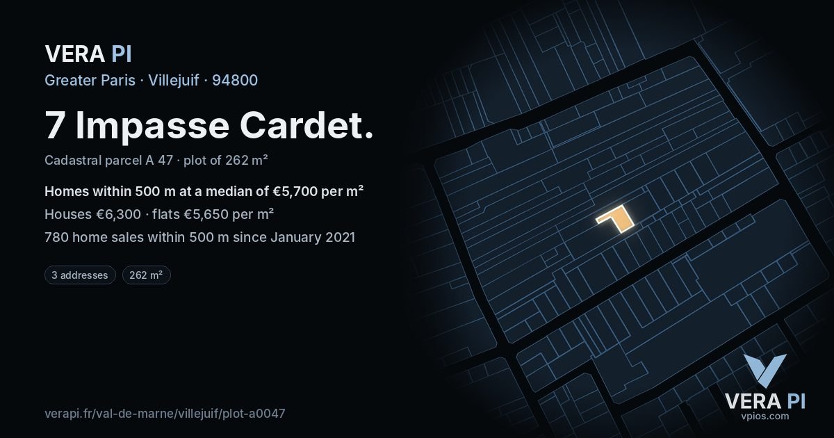 7 Impasse Cardet, Villejuif at night – the plot lit, the parcels around coloured by the prices near them